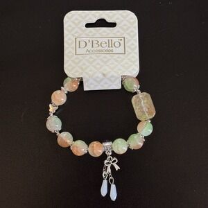 D'Bello Orange Green Beaded Stretch Charm Bracelet Silver Womens Jewelry NEW